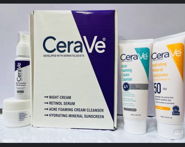 CeraVe 4-in-1 Skincare Kit – Night Cream, Retinol Serum, Acne Cleanser & SPF 50 Sunscreen